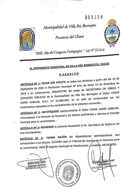 La resolución a través de la cual la Municipalidad comunicó el despido de César Gabilán