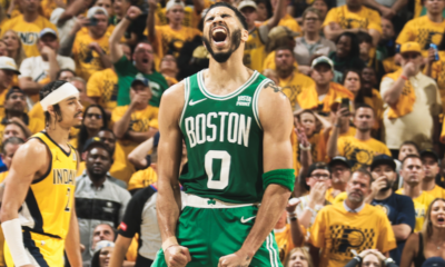 Jayson Tatum, festejando su segundo campeonato de Conferencia Este con los Celtics.